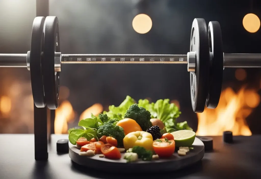 muscle burns fat workout - a dumbell hovering above a plate of fruit and vegetables