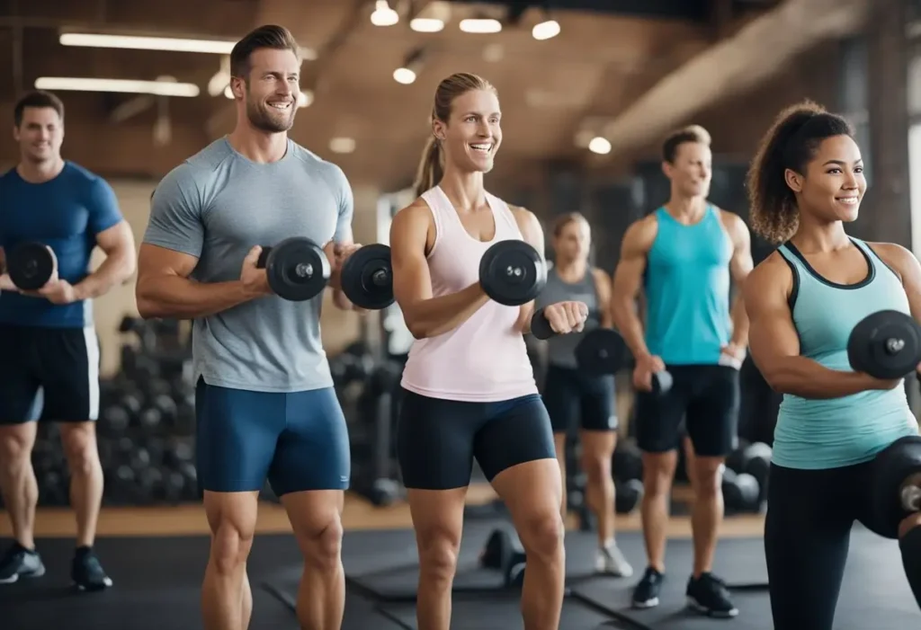 muscle burns fat workout - a group of people holding dumbells seemingly following an instructor