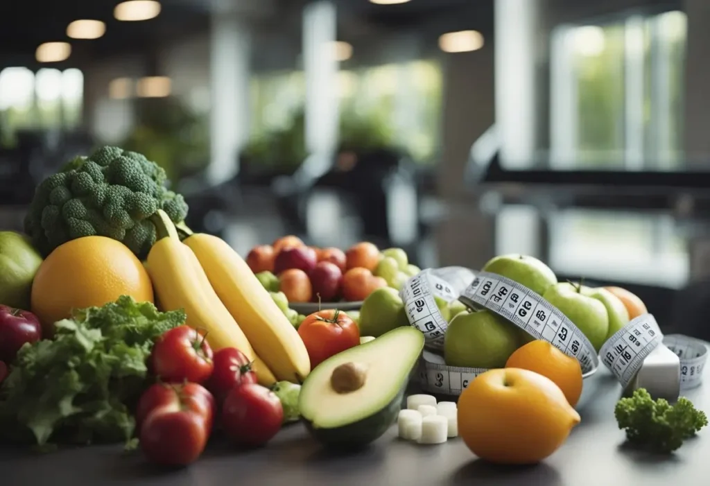 bra fat workout - fruits, vegetables and a measuring tape laying on a table in a gym