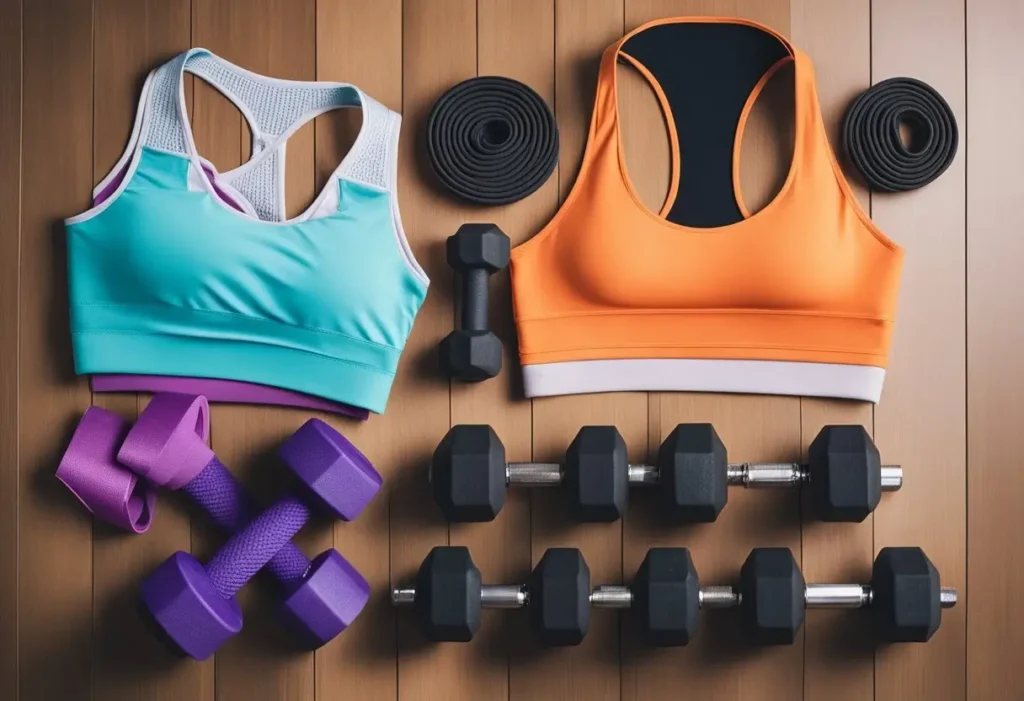 bra fat workout - a light blue and an orange sports bra laying next to various dumbbells on a wooden floor