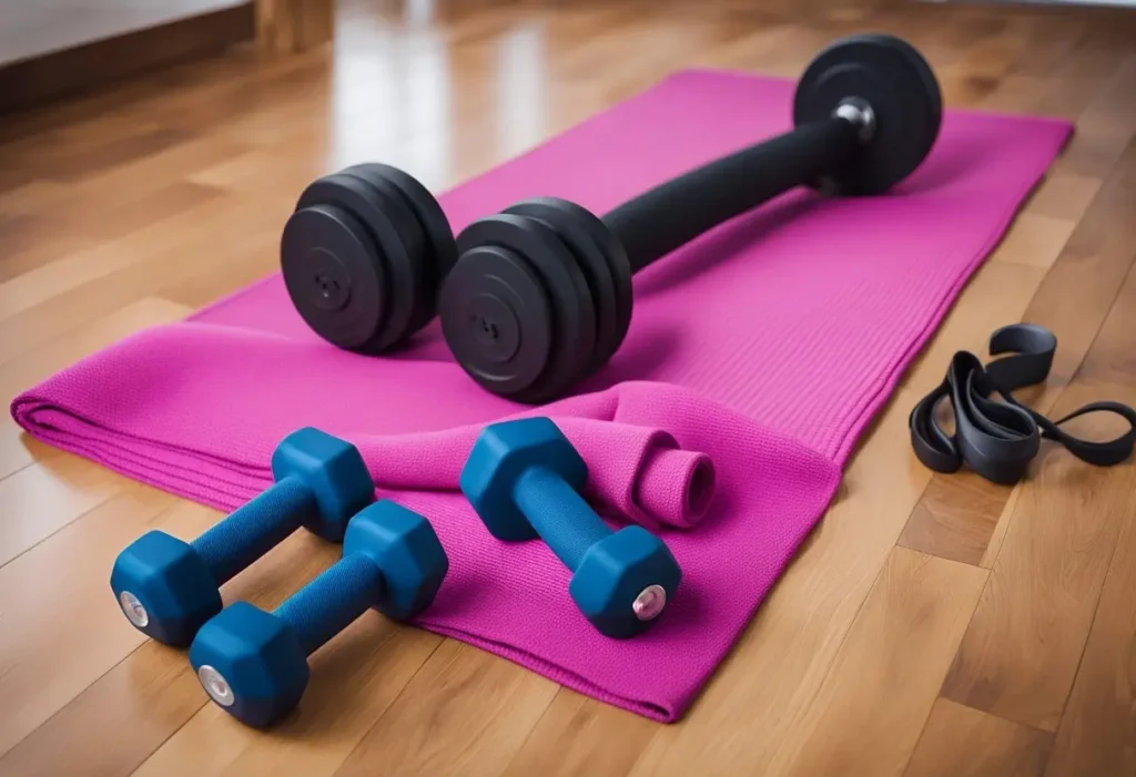 bra fat workout - a barbell and blue dumbbells laying on a pink yoga mat or blanket