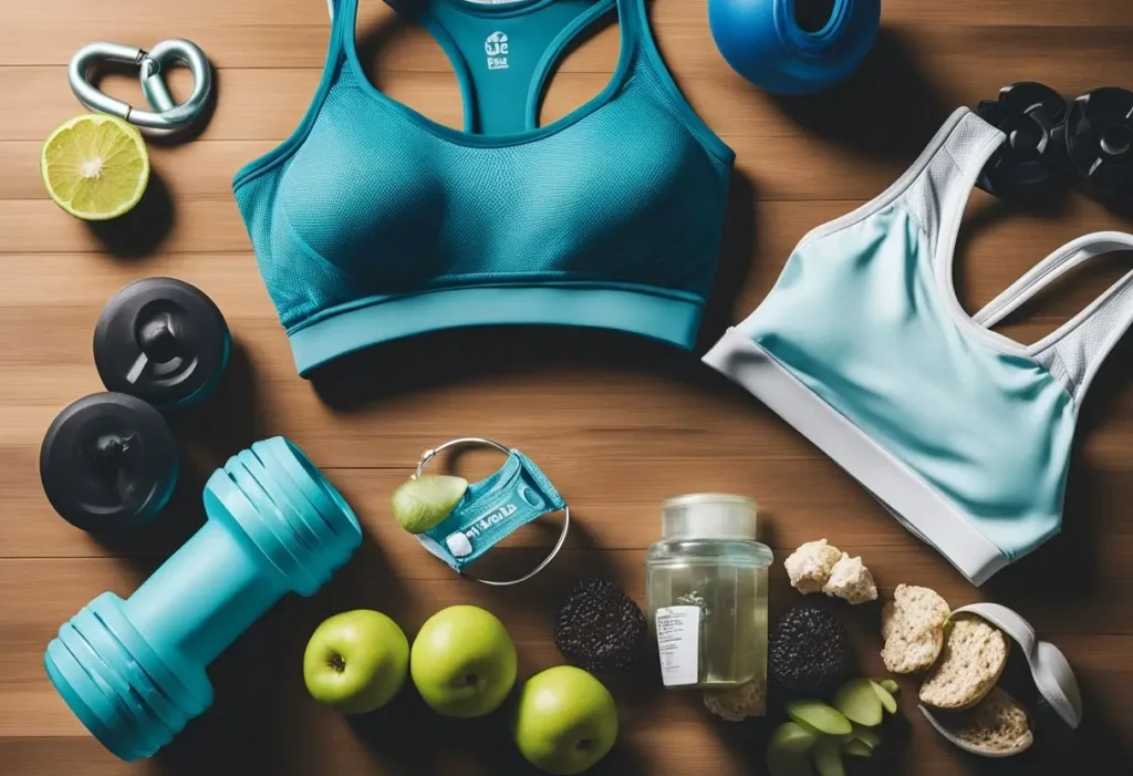 bra fat workout - two blue sports bras laying on a wooden floor next to fruits and miscellaneous gym equipment