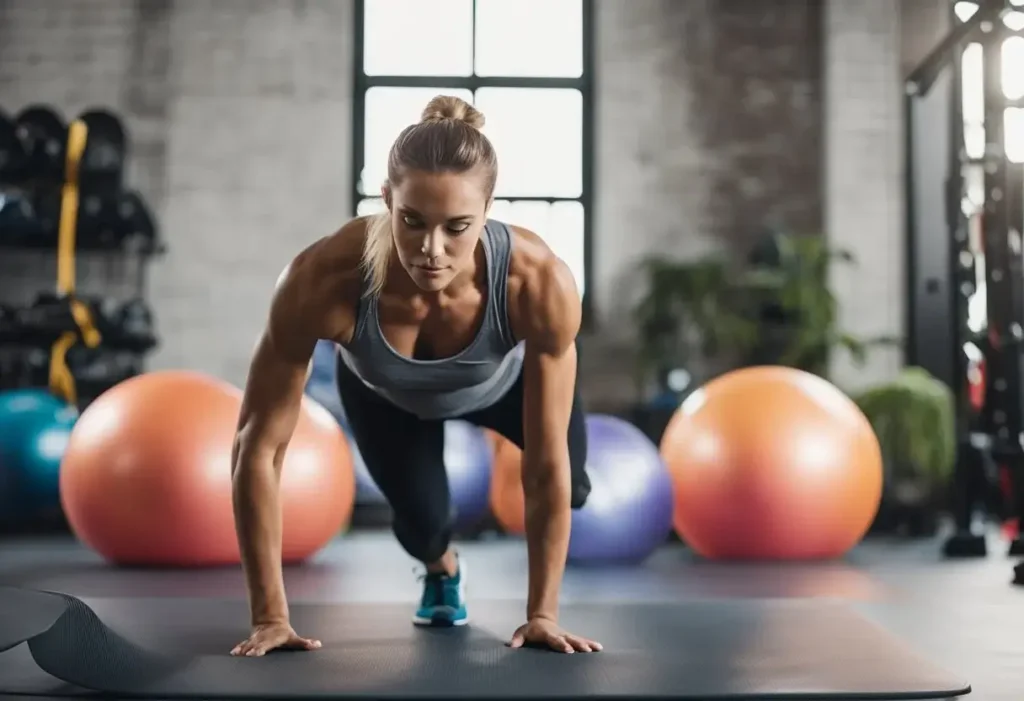 knee fat workout - a woman raising her leg next to exercise balls