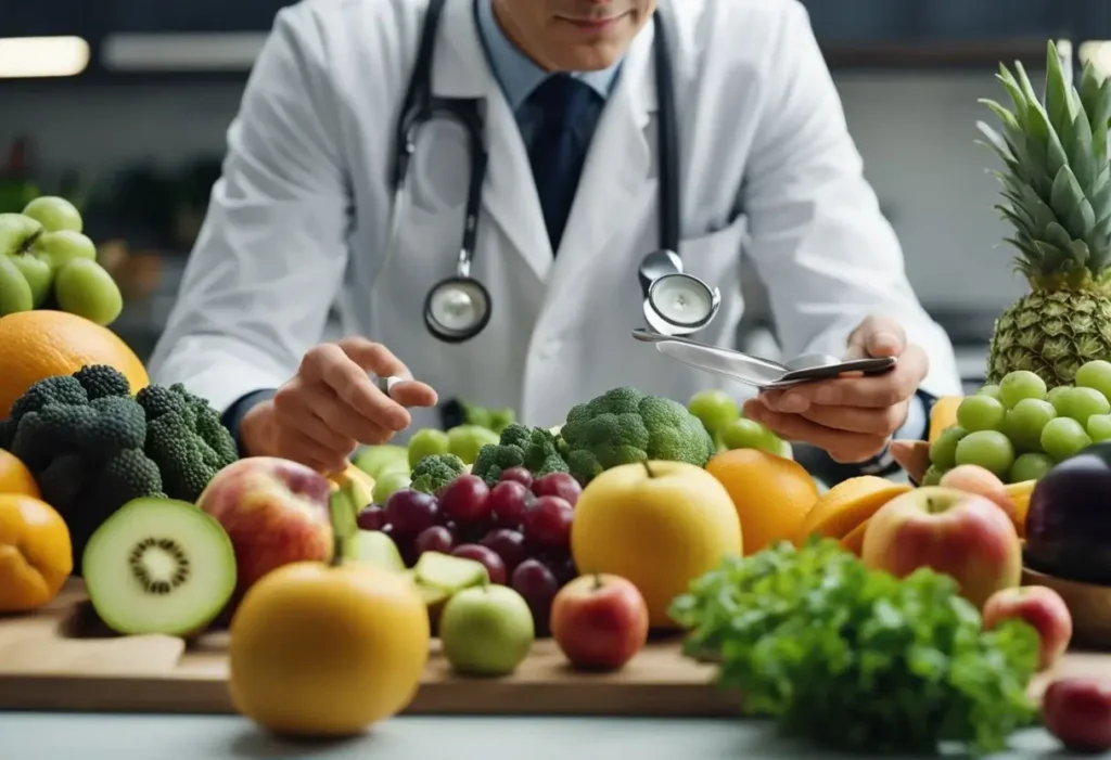 knee fat workout - a person with a white coat and a stethoscope is sitting in front of fruits and vegetables