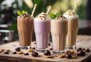 High Calorie Drinks To Gain Weight - four drinks with plastic straws standing on a wooden cutting board