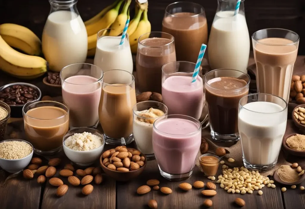 High Calorie Drinks To Gain Weight - several milk based drinks standing on a wooden table