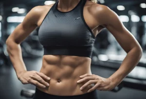 How to Gain Weight Without Belly Fat - a woman's torso in a sports bra with a sixpack in a gym